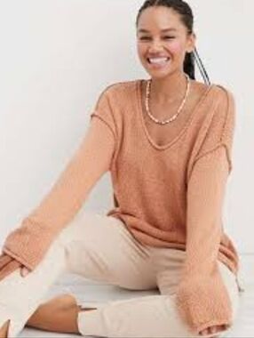 Aerie Voop Pullover Sweater Knit V-Scoop Oversize